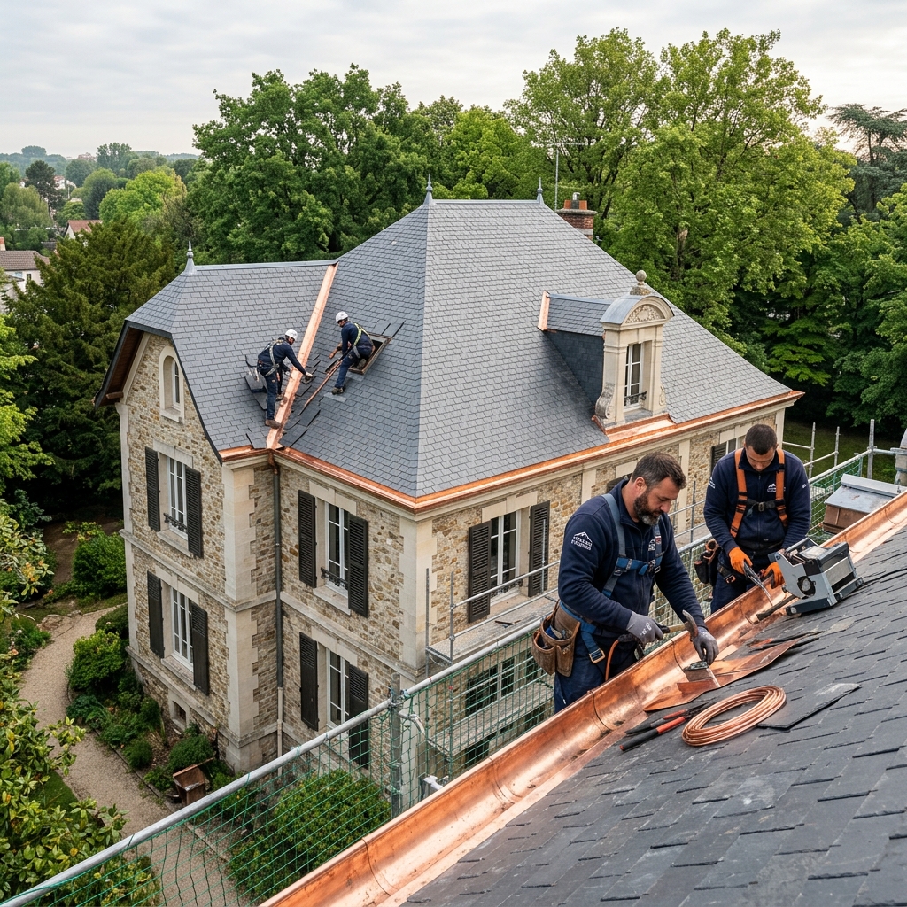 Couvreur artisan posant des ardoises à Gournay-sur-Marne
